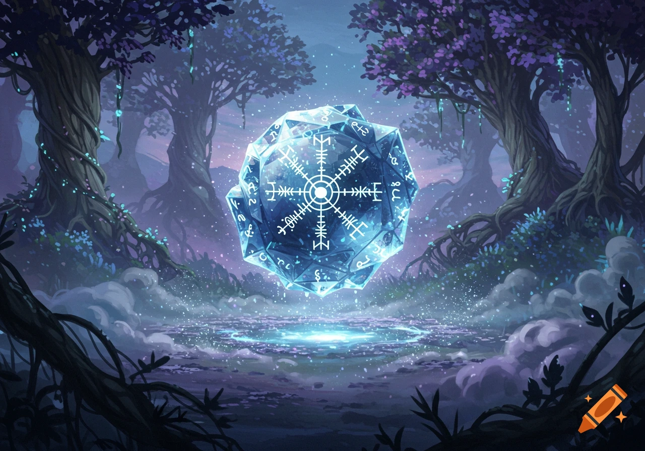 A glowing blue crystal with runic symbols floats over a mystical pool in a dark fantasy forest.