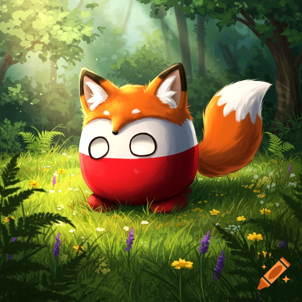 A cartoon Polandball character with fox ears and a bushy fox tail sits in a sunny green forest with wildflowers.