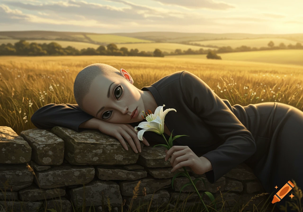 Stylized person with large alien eyes and shaved head lies on a stone wall, holding a lily, in a golden field at sunset.