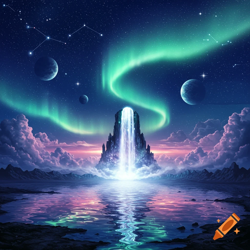 A vibrant fantasy night landscape with a glowing waterfall, aurora borealis, planets, and a reflective lake.