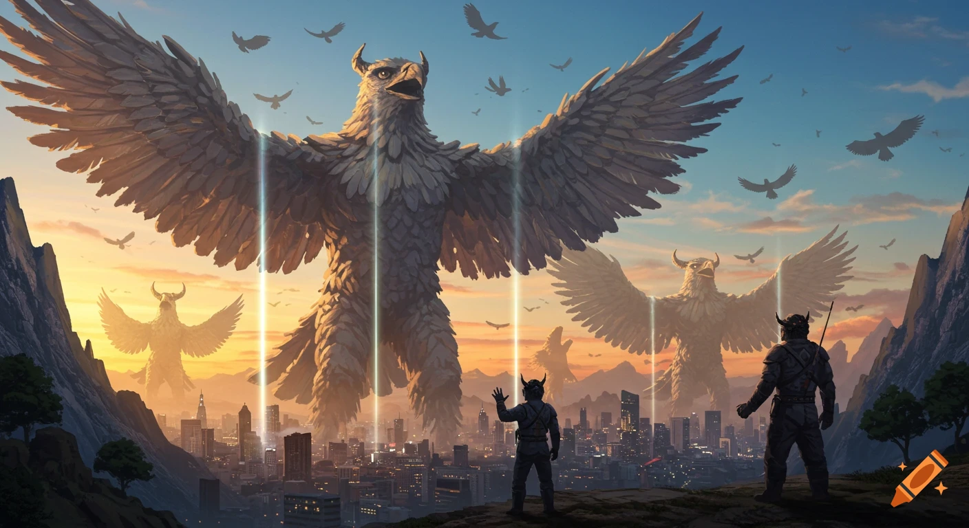 Two people view a city dwarfed by massive, rocky, eagle-like creatures with glowing beams, under a vibrant sunset sky.