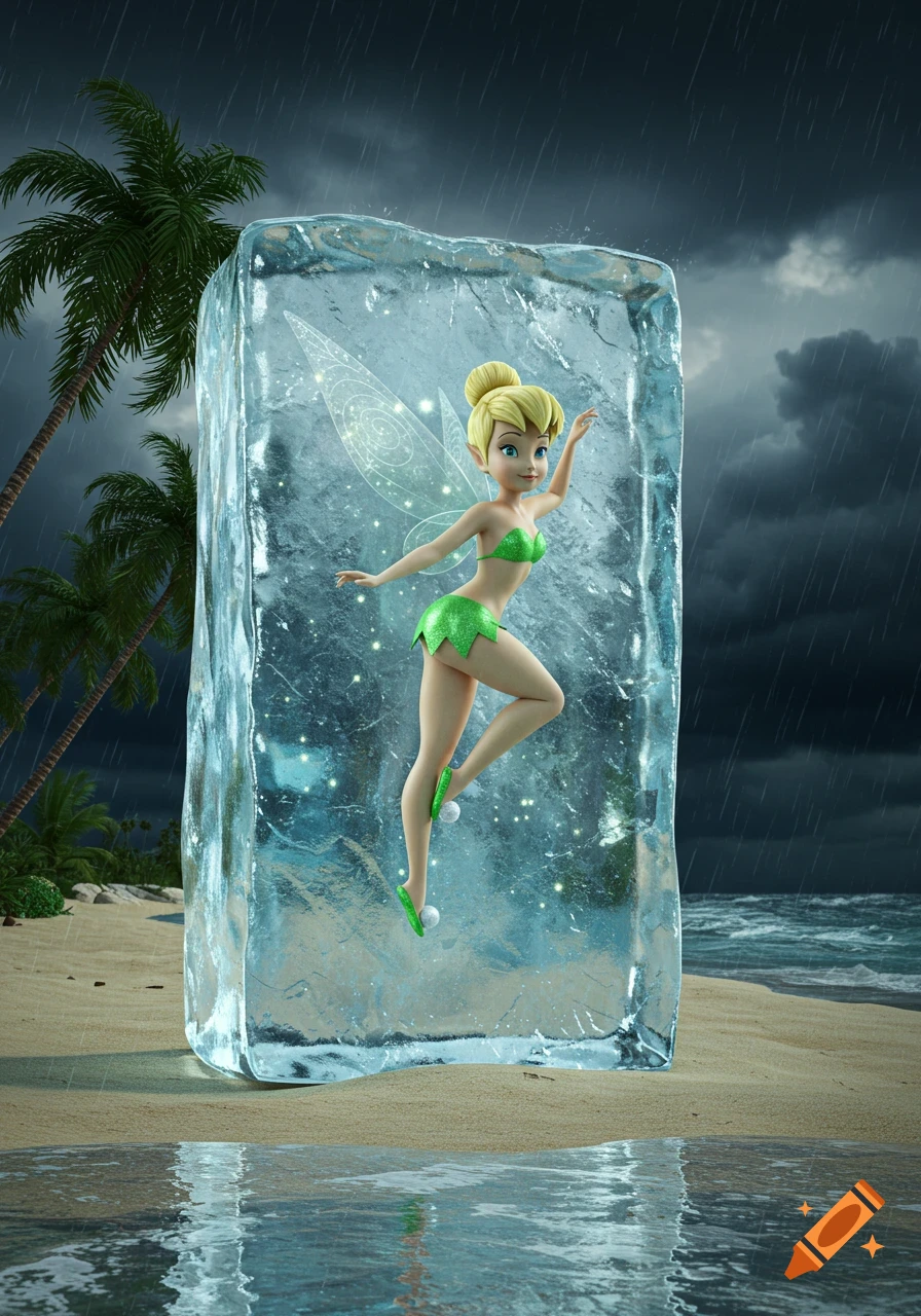 3D render of Tinkerbell in a green bikini, frozen inside a large ice block on a sandy beach during a rainstorm.
