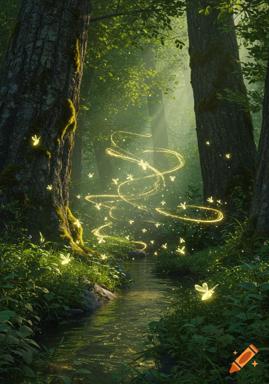 Magical forest path with a winding stream and glowing spiritbugs amidst lush green foliage and sunbeams.