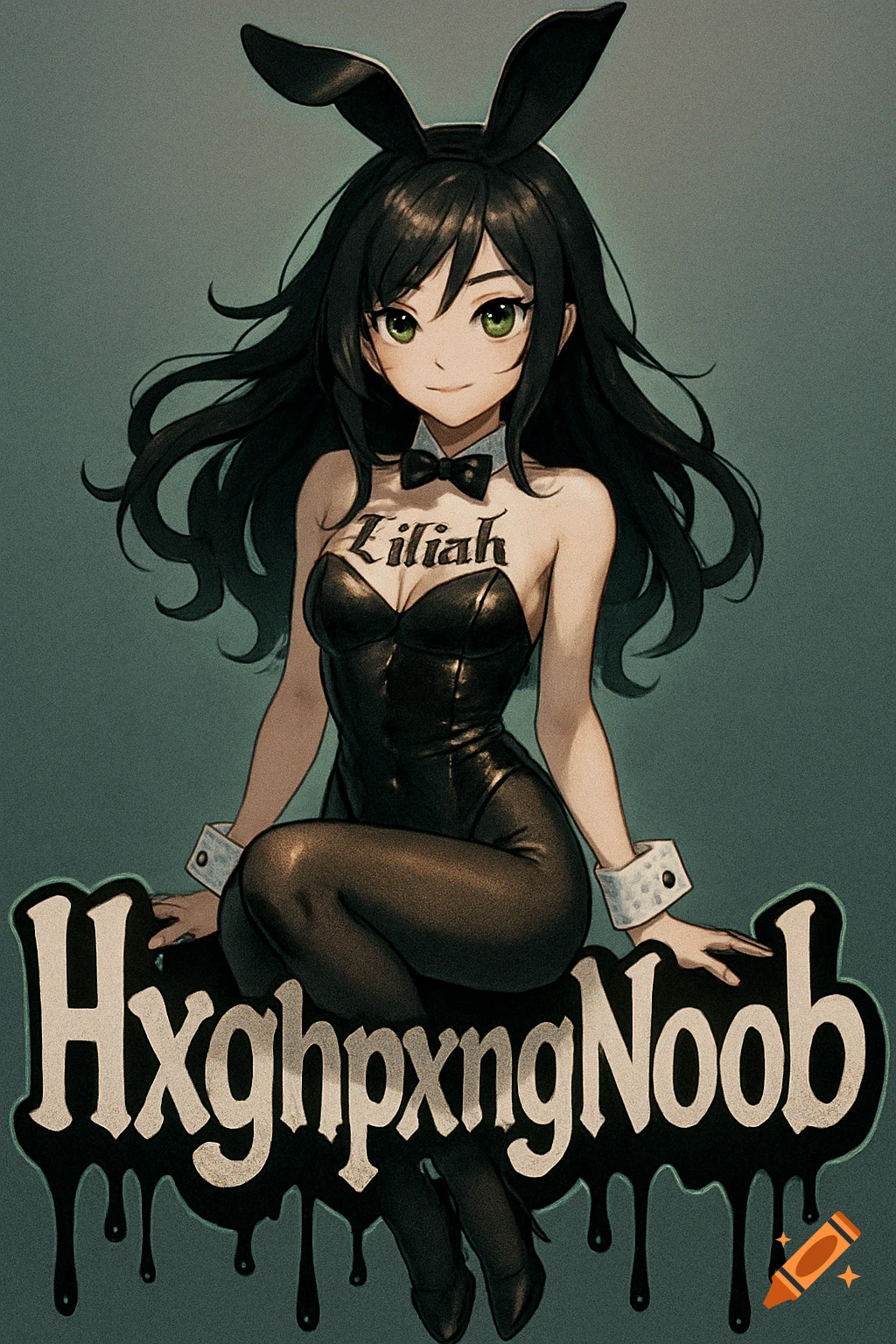 Anime girl with black hair and green eyes in a bunny outfit, tattooed 'Lilah', sitting on drippy text 'HxghpxngNoob'.