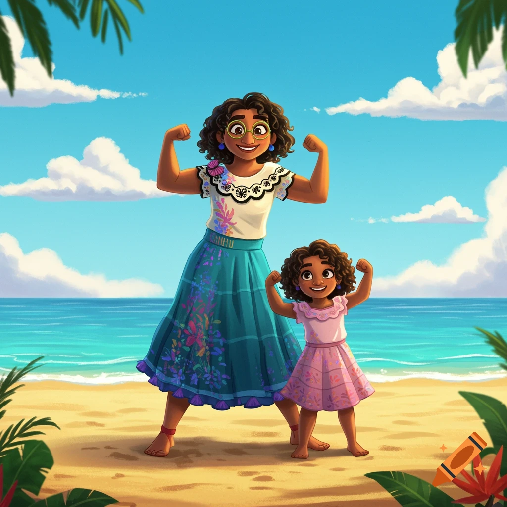 Mirabel's mom and daughter flex their muscles on a sunny beach in a cartoon style.