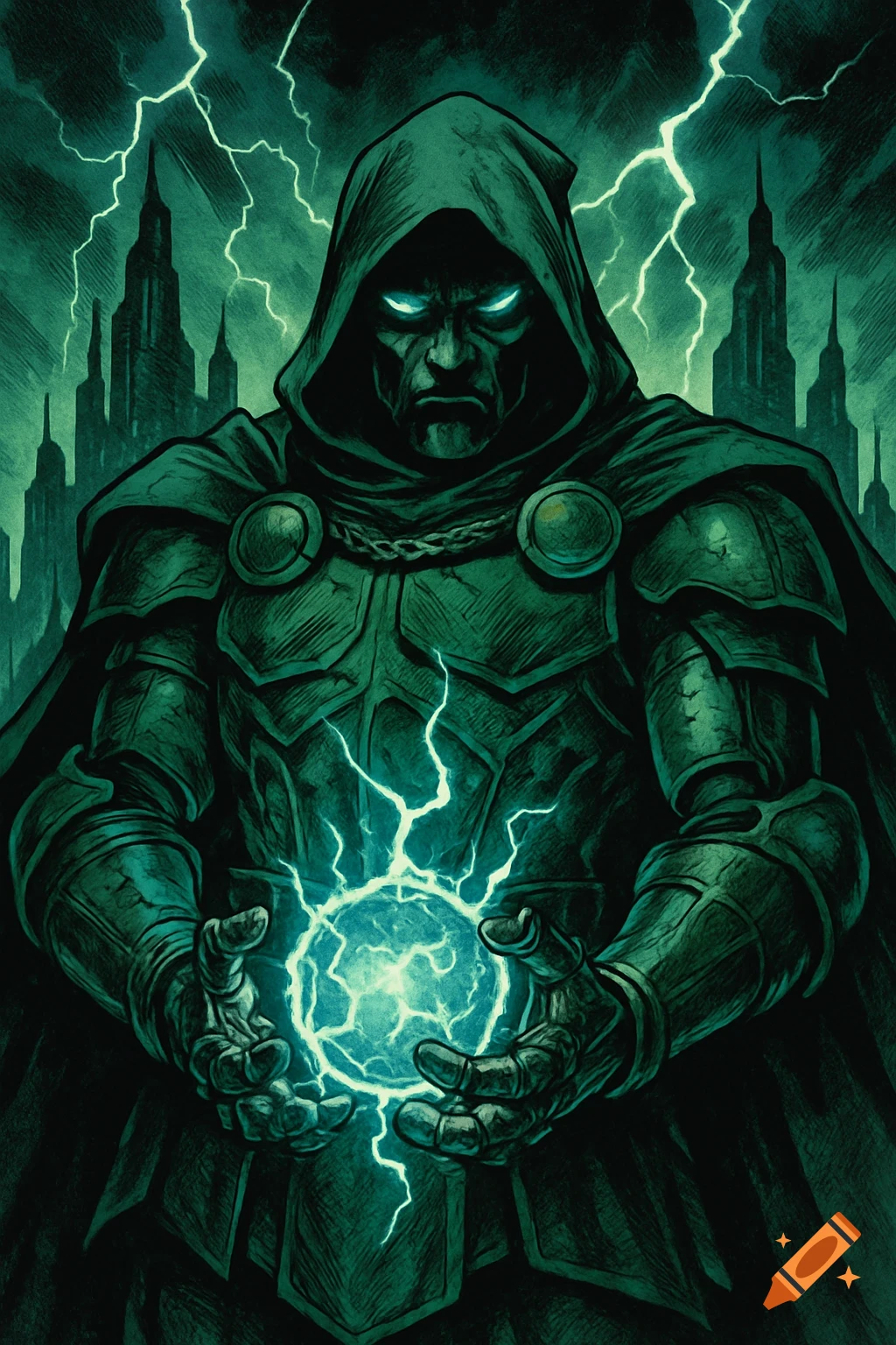 Green armored supervillain resembling Dr. Doom holds a glowing energy orb with lightning and a dark city in the background, comic art style.