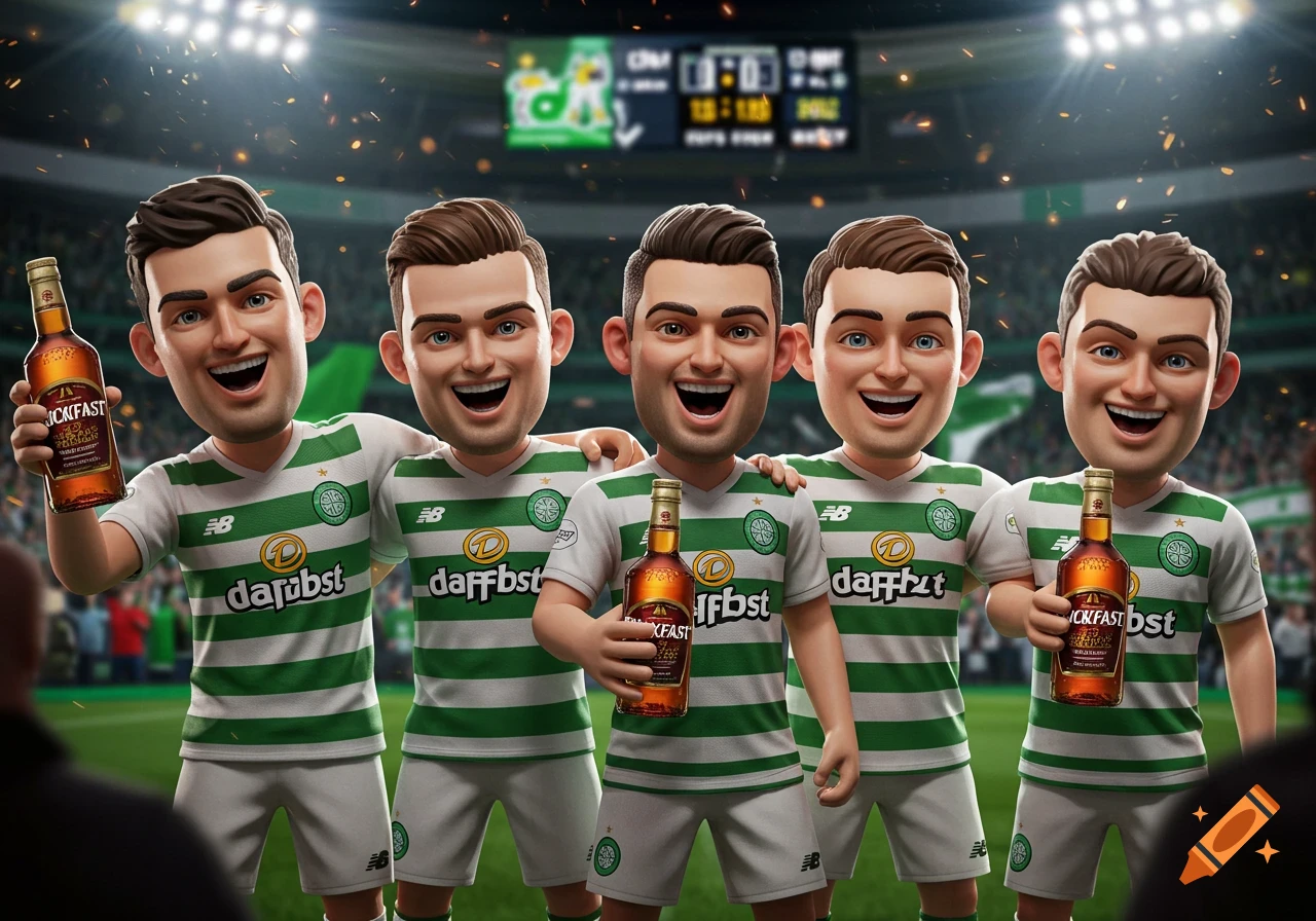 Five cartoon men in green and white soccer jerseys hold bottles of Buckfast tonic wine in a stadium.