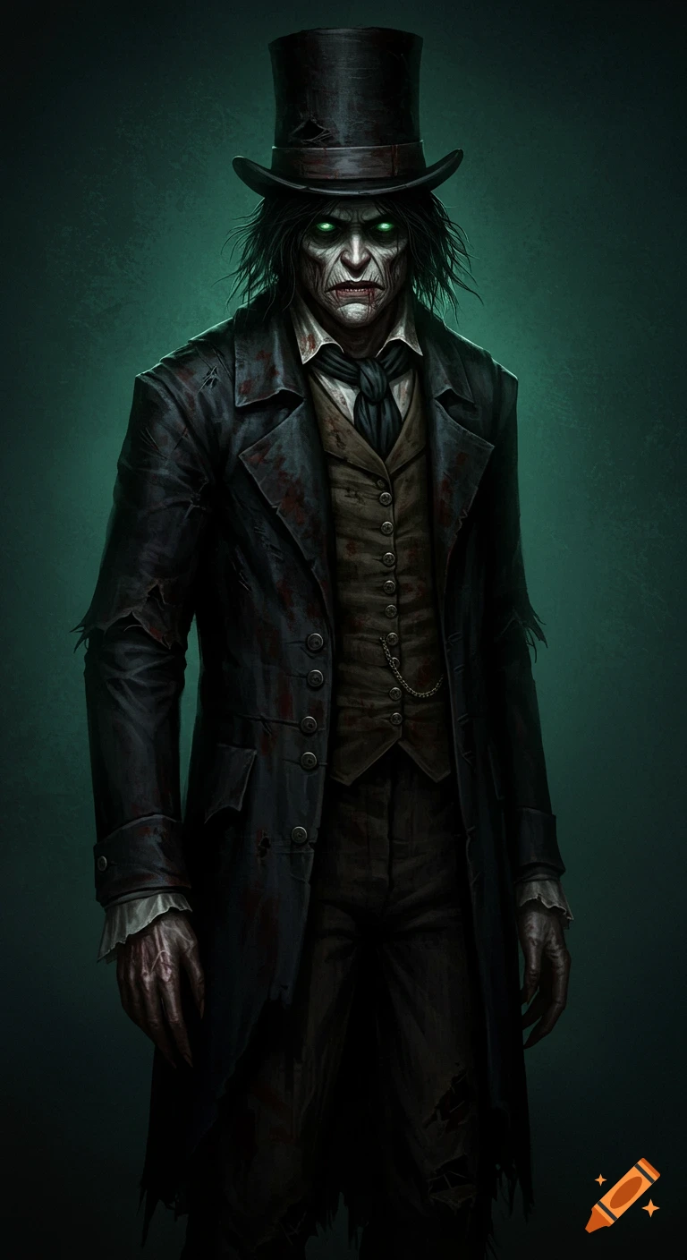 A gaunt, zombie-like man in a top hat and tattered Victorian clothes, with glowing green eyes and a menacing expression.