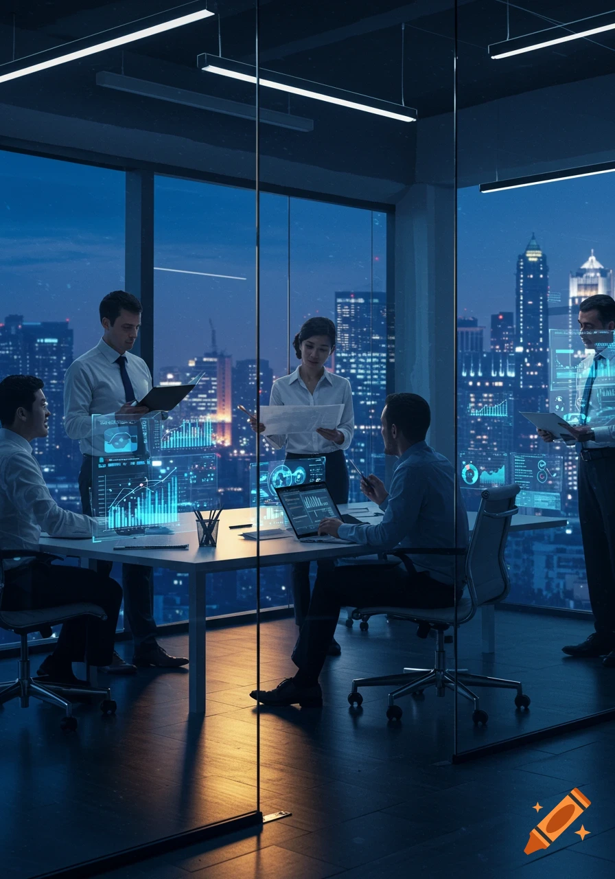 Five business professionals in a modern, glass-walled office at night, overlooking a city skyline, discussing data on futuristic holographic screens.