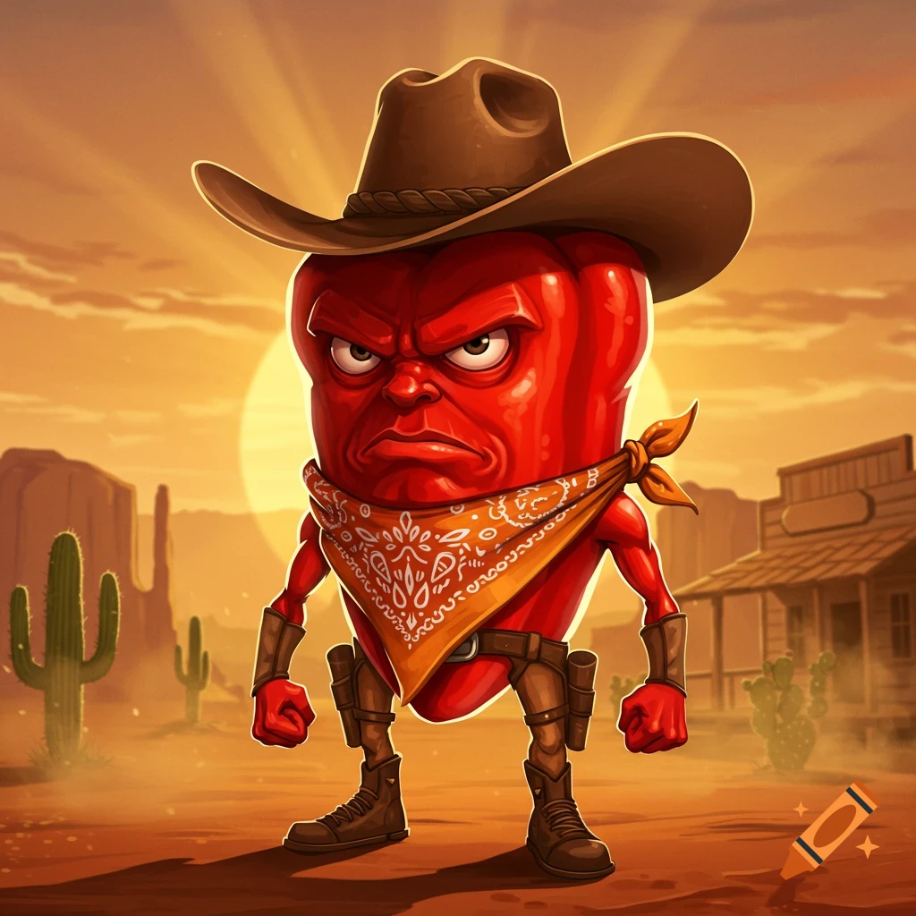 An angry, cartoonish red pepper character wearing a cowboy hat and bandana stands in a desert landscape at sunset.