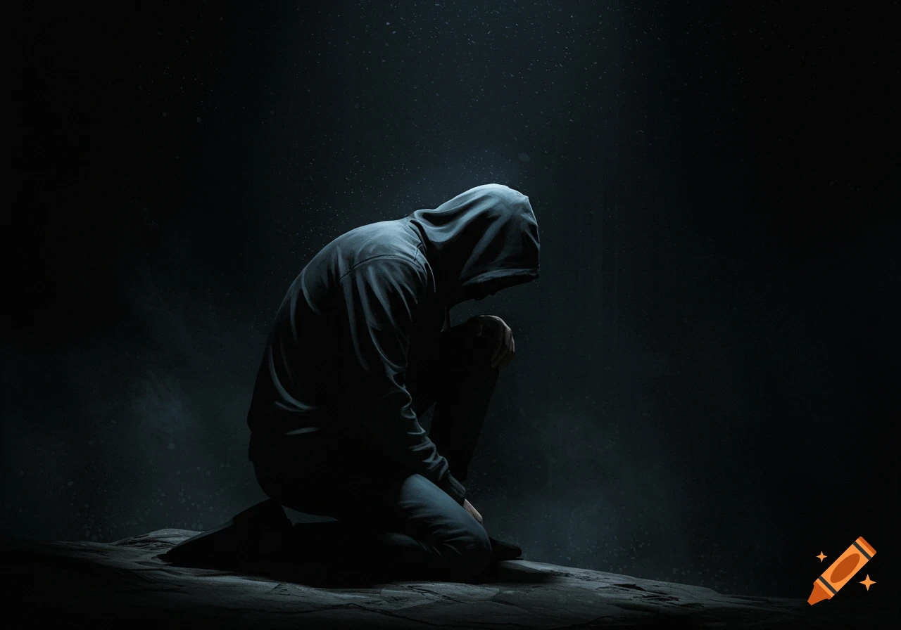 A person in a dark hoodie kneels and slouches, looking down in a dimly lit, dark environment. Photorealistic style.