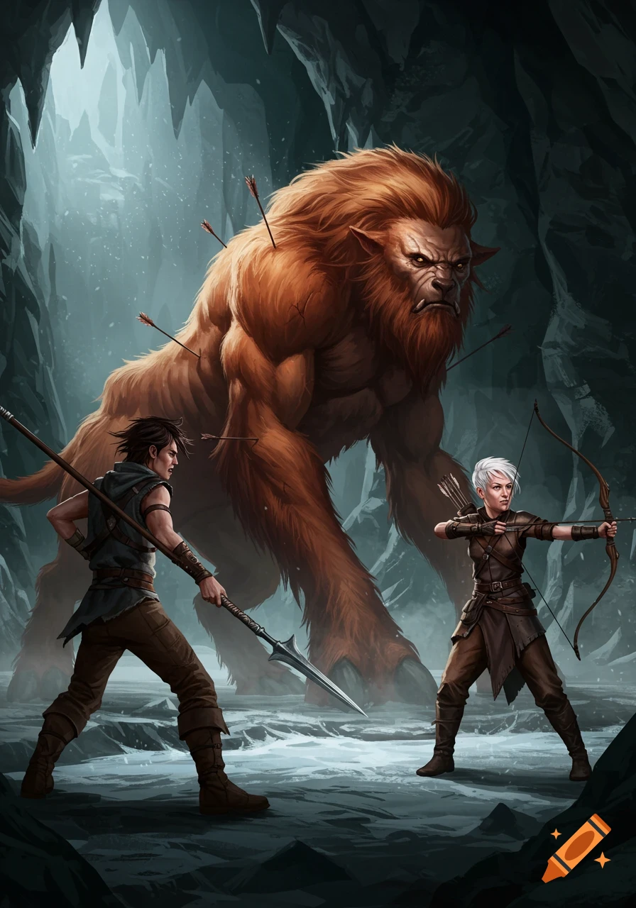 Two adventurers, a man with a spear and a woman with a bow, confront a giant, furry, four-legged monster with arrows in its back inside a dimly lit cavern.