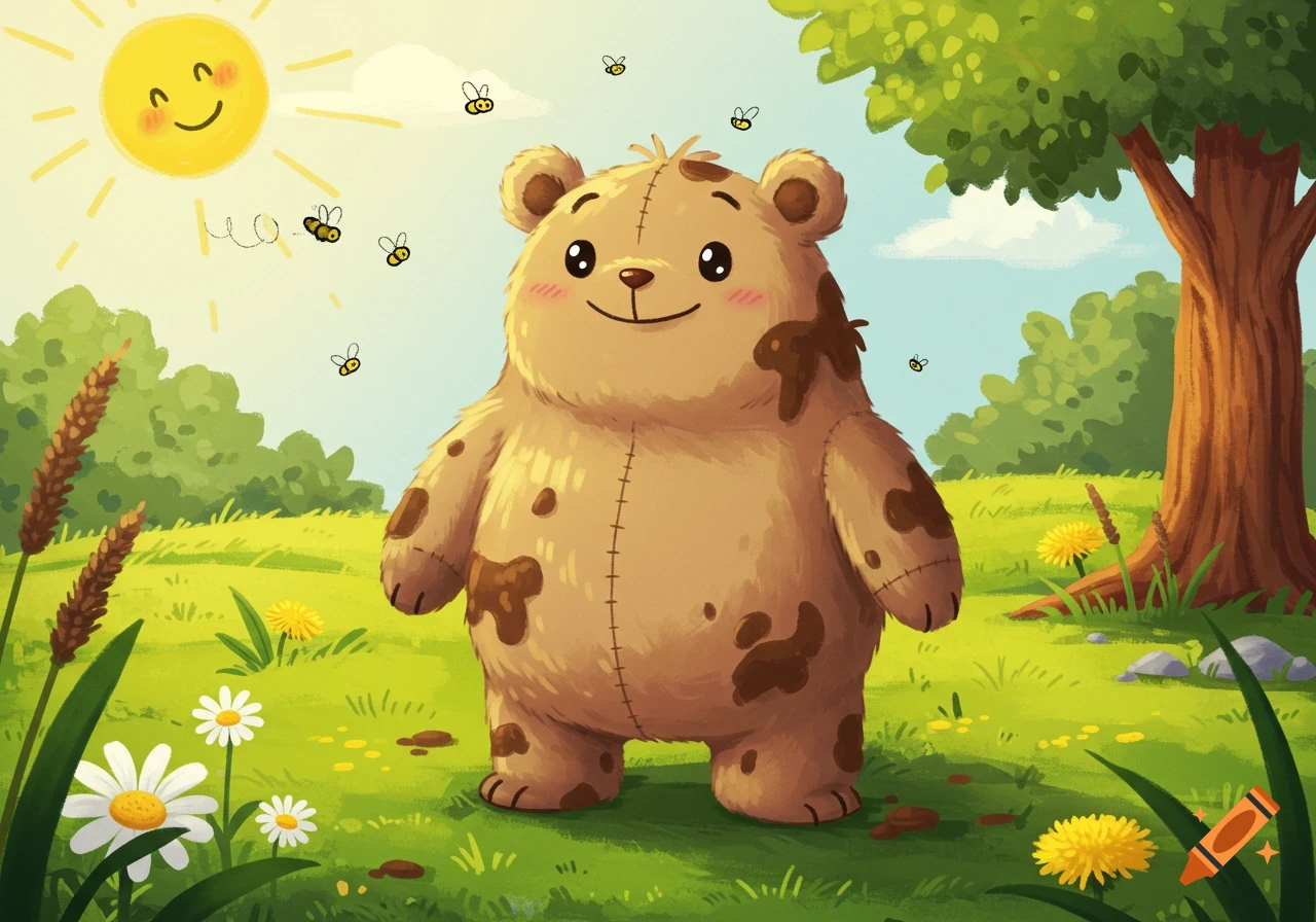 A cute, muddy teddy bear smiles in a sunny, green field with bees buzzing and flowers blooming, in a children's illustration style.