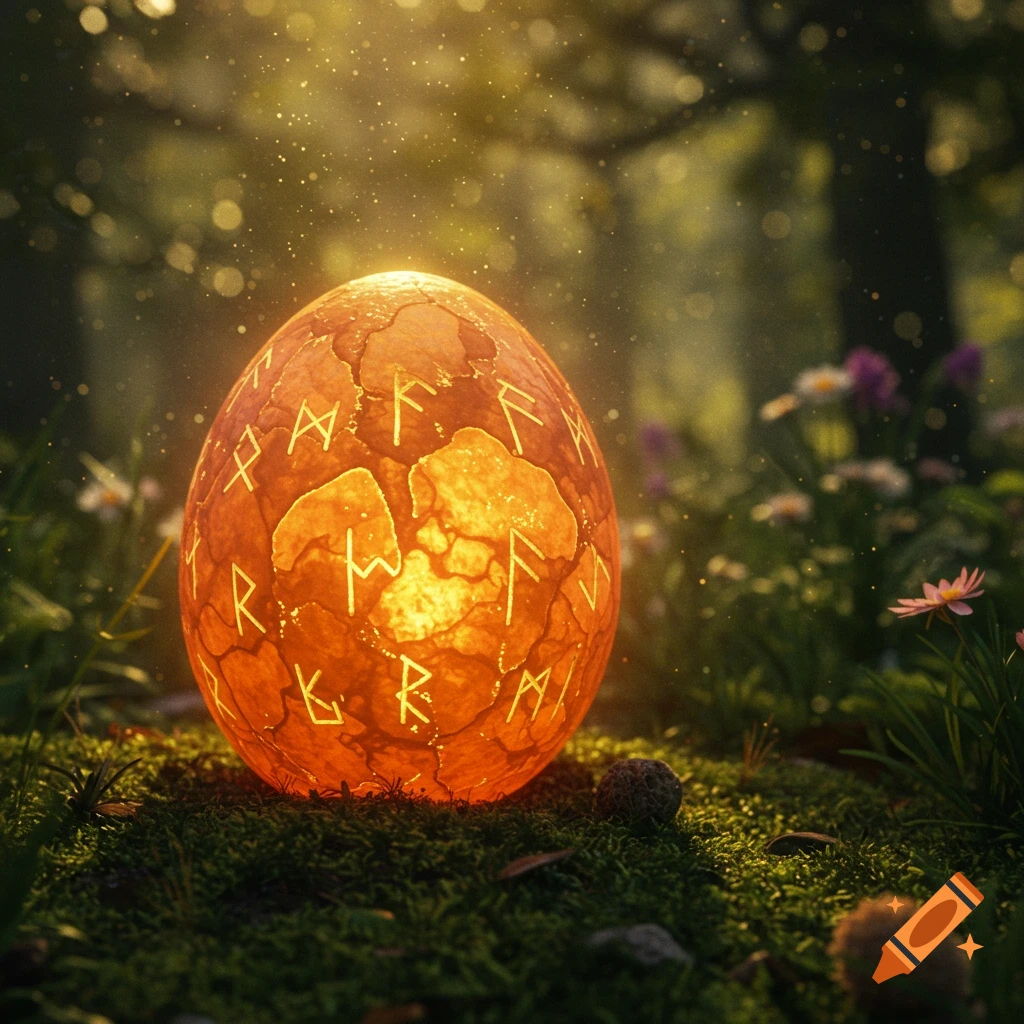A glowing orange mythical egg with runic carvings rests on mossy ground in a sunlit forest, surrounded by wild flowers.