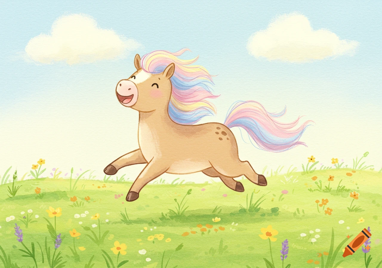 A cute, smiling cartoon horse with a rainbow mane gallops playfully through a sunny green field filled with wildflowers, in a watercolor pastel style.