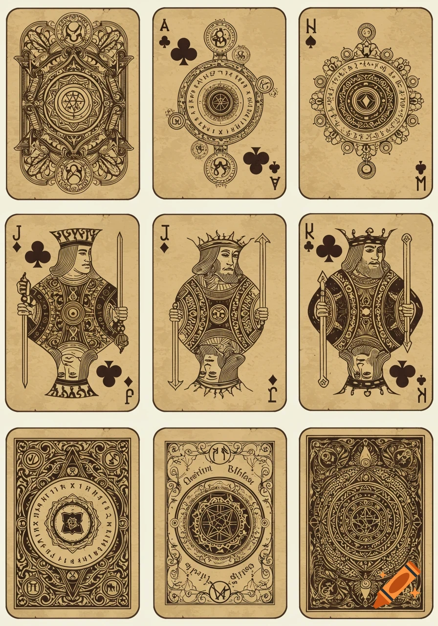 A grid of nine vintage-style playing cards with an ancient magic theme, featuring kings, aces, and ornate card backs with runic designs.