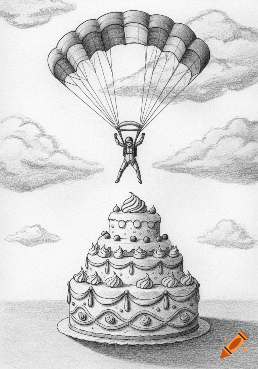 Pencil drawing of a skydiver descending with a parachute towards a large, decorated tiered cake, set against a cloudy sky.
