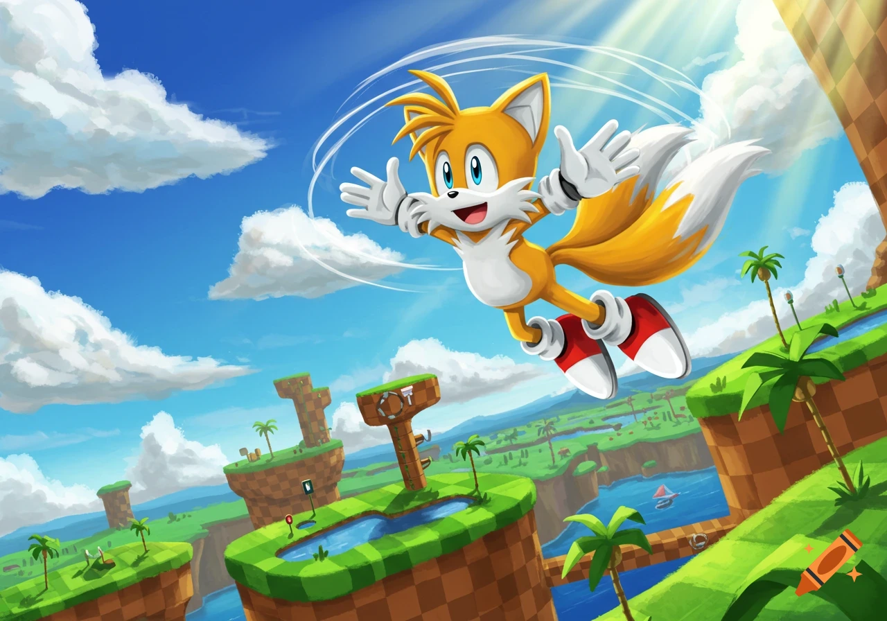 Tails the fox-like character from Sonic the Hedgehog flies through a vibrant, cartoonish green hill zone landscape with blue skies and clouds.