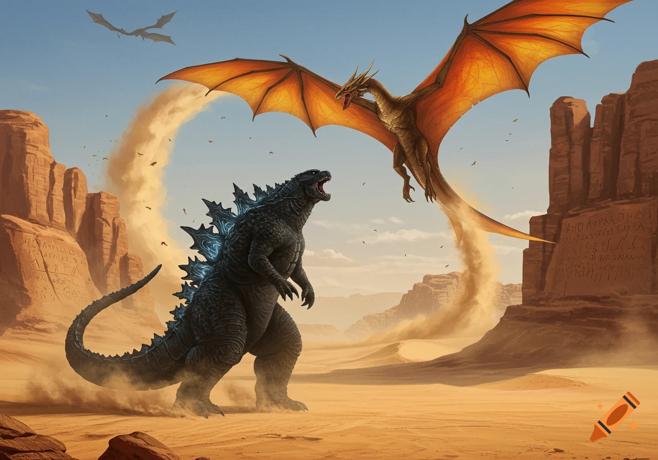 Godzilla roars at a flying orange dragon in a vast sandy desert canyon with hieroglyphic-like carvings on rock walls.