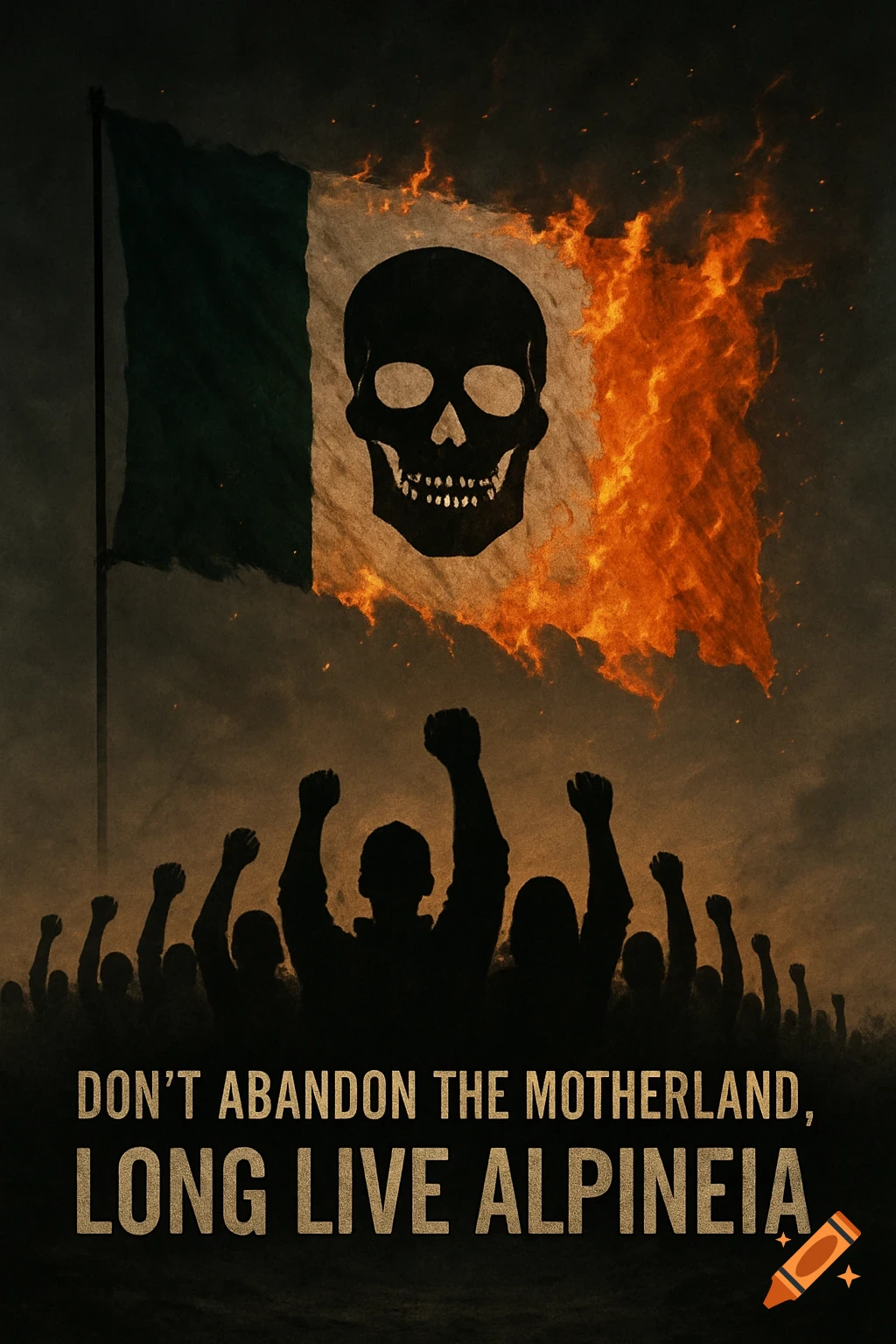 A dark, gritty image of a burning flag with a skull, above silhouetted figures with raised fists, and the text 'DON'T ABANDON THE MOTHERLAND, LONG LIVE ALPINEIA'.