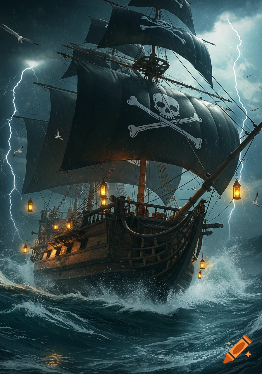 A large pirate ship with black sails featuring skull and crossbones rides huge waves under a stormy sky with lightning.