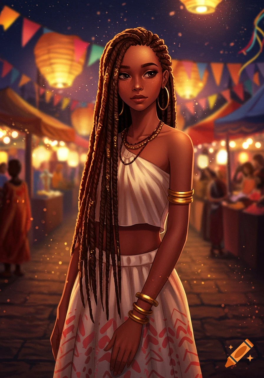 Stylized digital art of a young Black woman with braids, gold jewelry, in a white outfit at a vibrant night market.