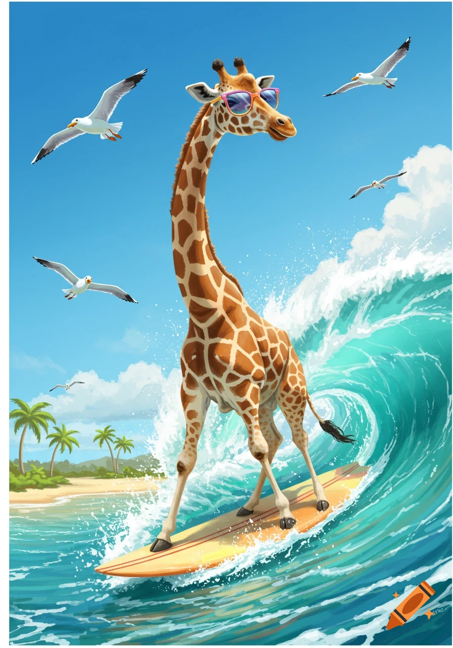 Cartoon giraffe in sunglasses surfing a large wave near a tropical beach with palm trees and seagulls.