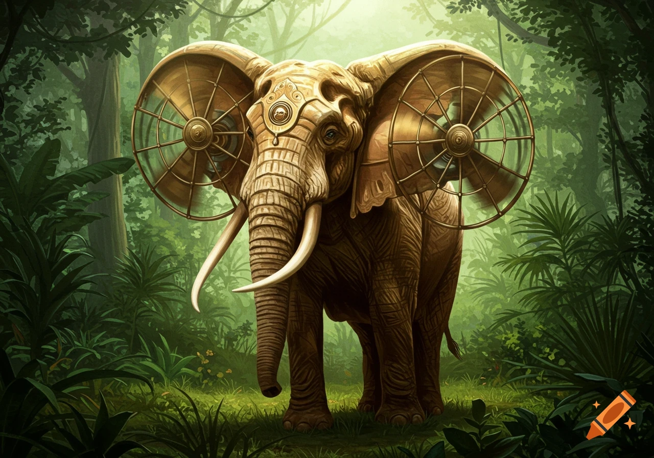 A fantastical steampunk elephant with large fan-like ears stands in a lush jungle, illuminated by soft light.