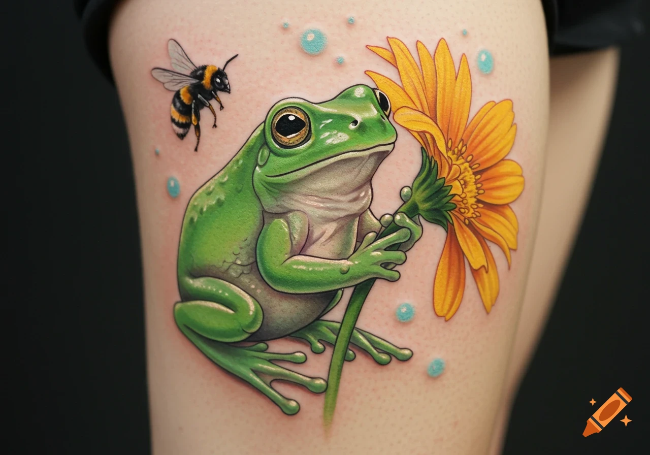 Colorful cartoon-style tattoo on skin featuring a green frog holding a yellow flower with a bumblebee flying above.