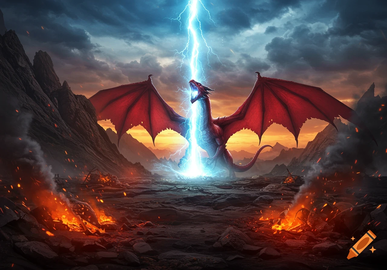 A majestic red dragon with large wings roars as a powerful blue lightning bolt strikes down into its open mouth amidst a stormy, mountainous landscape with fires burning on the ground.