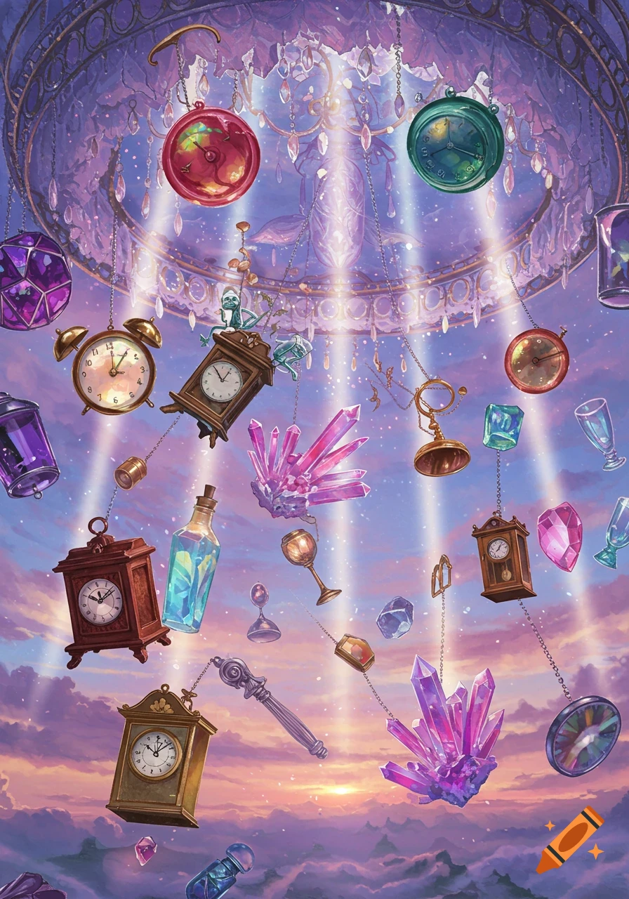 Fantastical illustration of clocks, crystals, and bottles floating under a grand chandelier against a pastel sky.