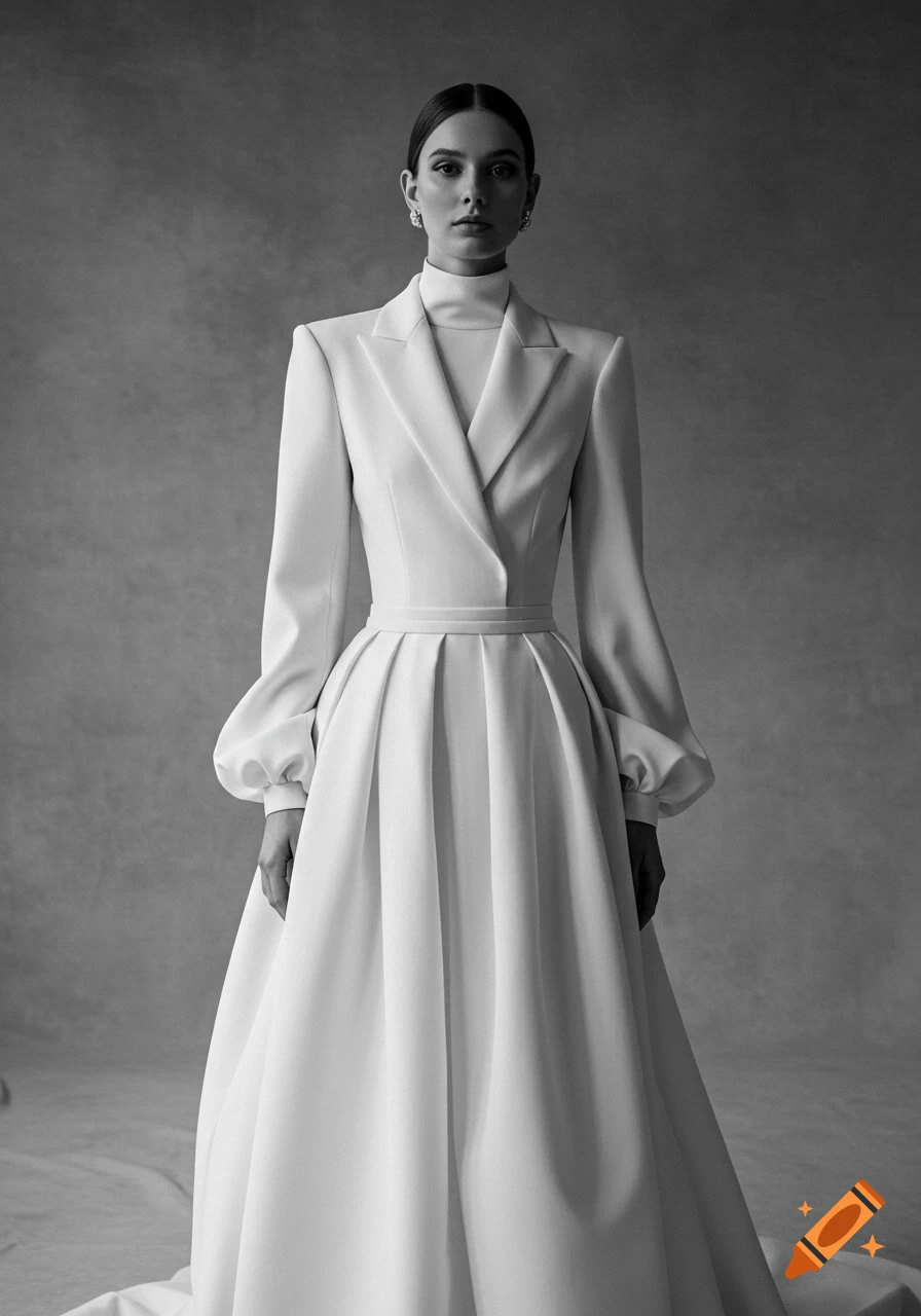 A woman in a black and white studio photo wearing an elegant white wedding dress with blazer-like shoulders, long sleeves, high neckline, and pleated skirt.