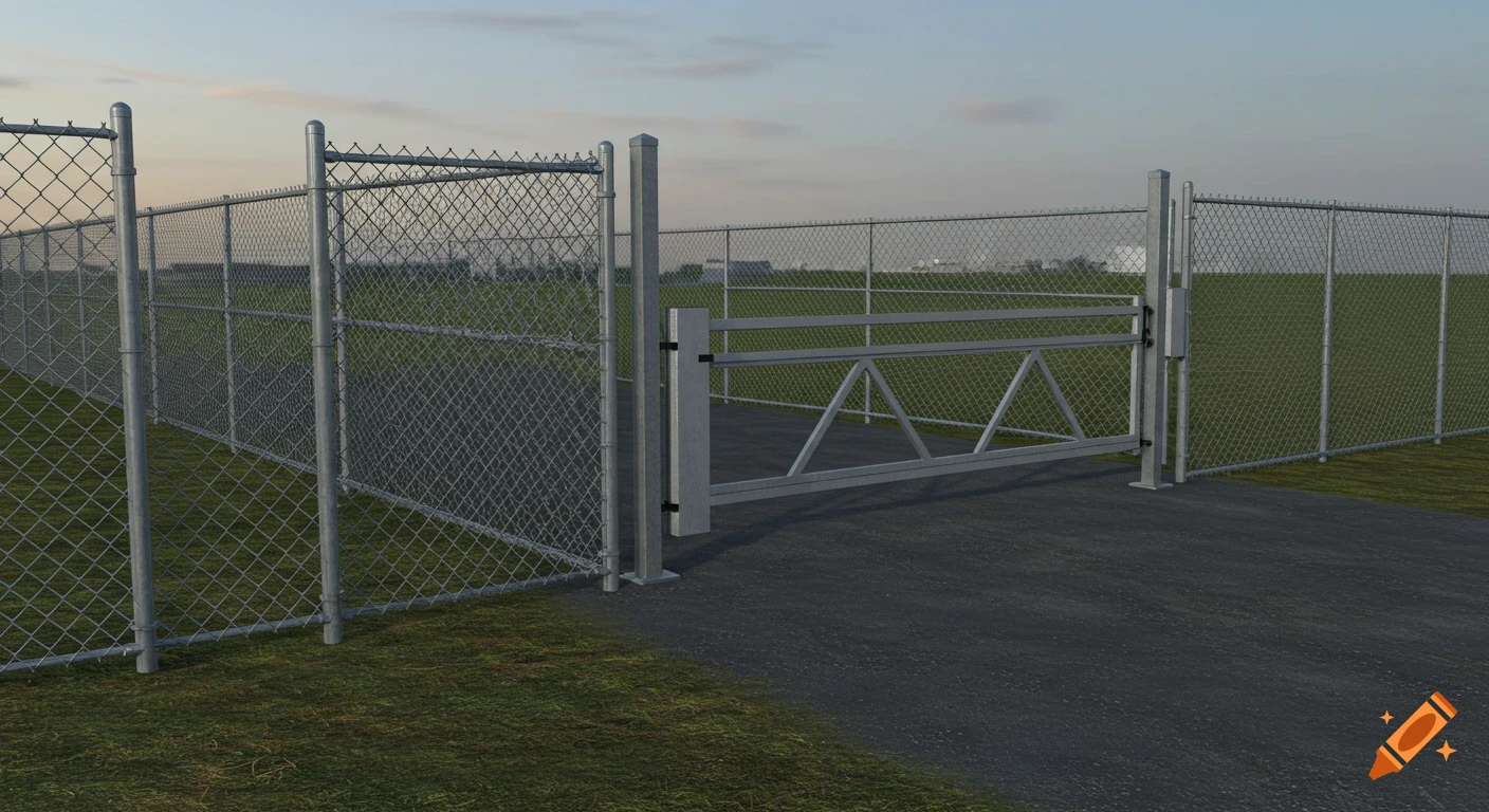A photorealistic image of a chain-link fence with a closed vehicle gate on an asphalt path, bordered by green grass under a clear sky.
