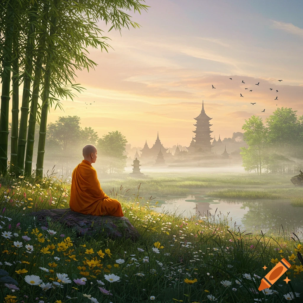 A monk sits on a rock, meditating in a field of wildflowers and bamboo, overlooking a misty valley with pagodas at sunrise.