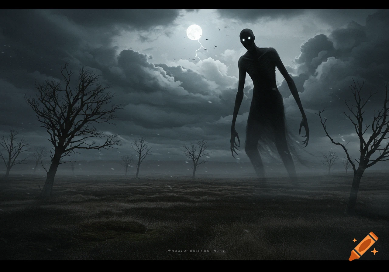 A tall, shadowy figure with glowing white eyes looms over a desolate, grassy field under a stormy moonlit sky with lightning and bare trees.