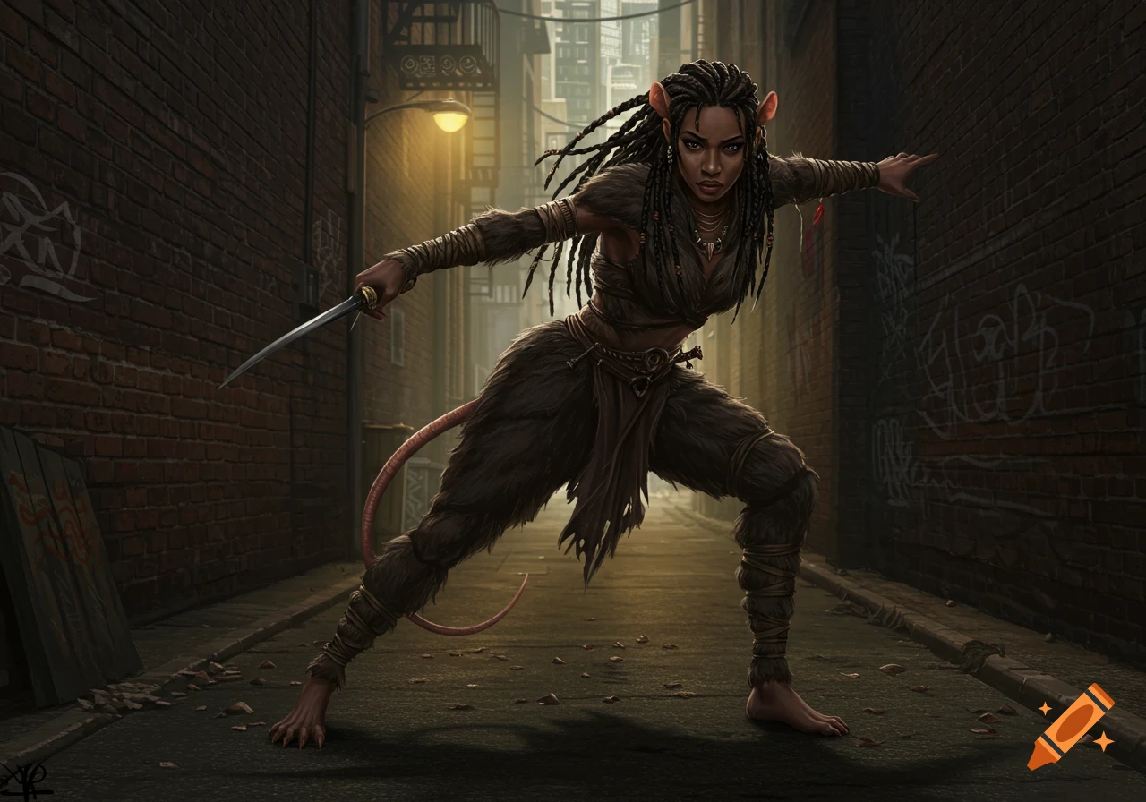 A fierce rat-humanoid female warrior with braided hair, fur clothing, and a tail, brandishes a knife in a dark urban alleyway.