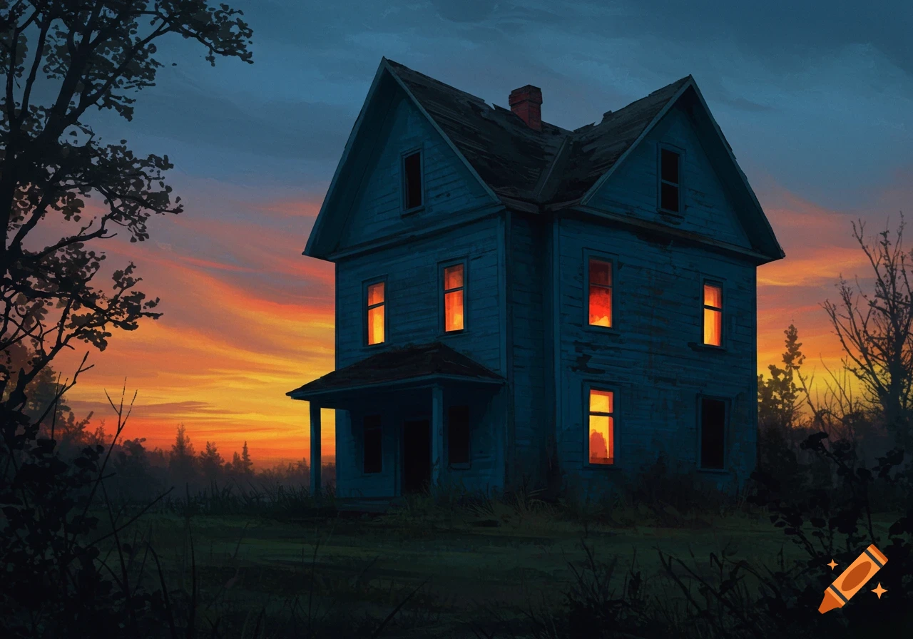 A moody digital painting of an old, blue abandoned house at sunset, with glowing orange windows and overgrown foliage.