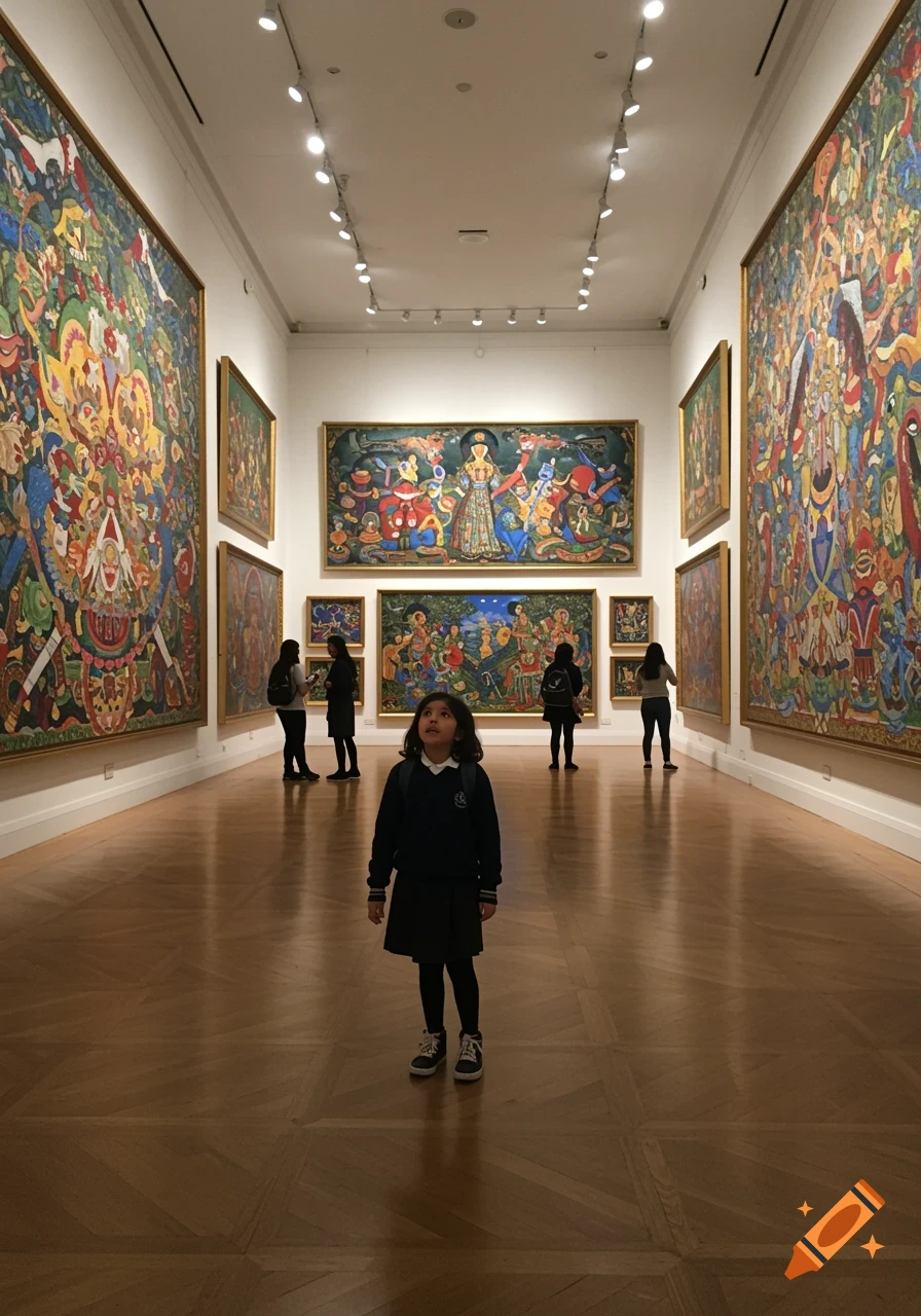 A young girl with a backpack looks up at large, colorful paintings in an art gallery with other visitors.