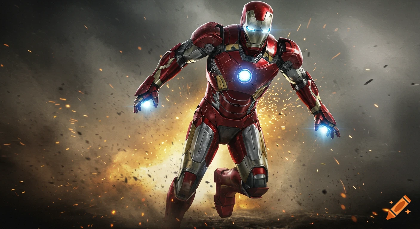 Iron Man in a red and silver suit runs forward through an explosion of dust and sparks. Ultra-realistic digital art.