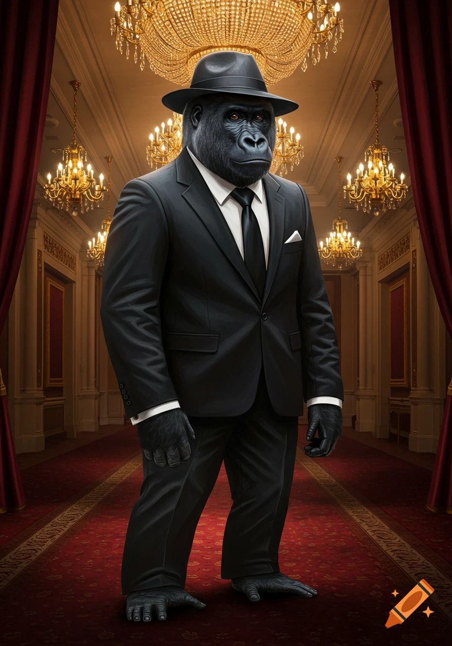A photorealistic gorilla in a black suit and fedora stands in a grand, chandelier-lit hall with red carpets.