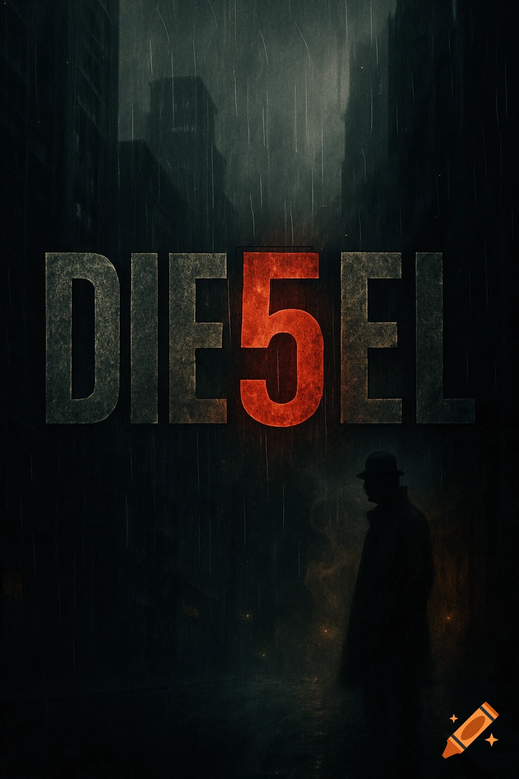 Large red and grey text 'DIE5EL' over a dark, rainy city street with a silhouetted figure, in a moody, cinematic style.