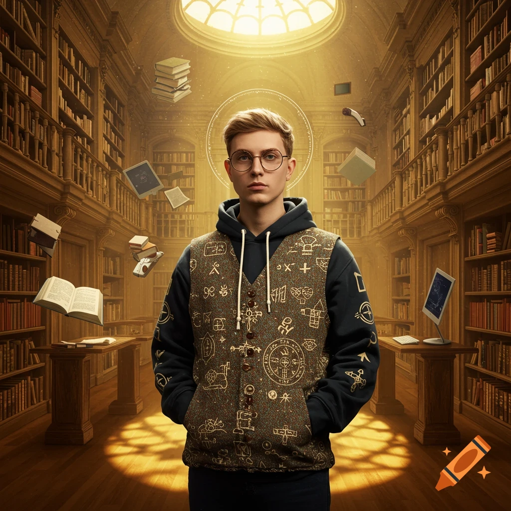 A young man with glasses, wearing a hoodie and patterned vest, stands in a golden-lit library with floating books and a faint halo.