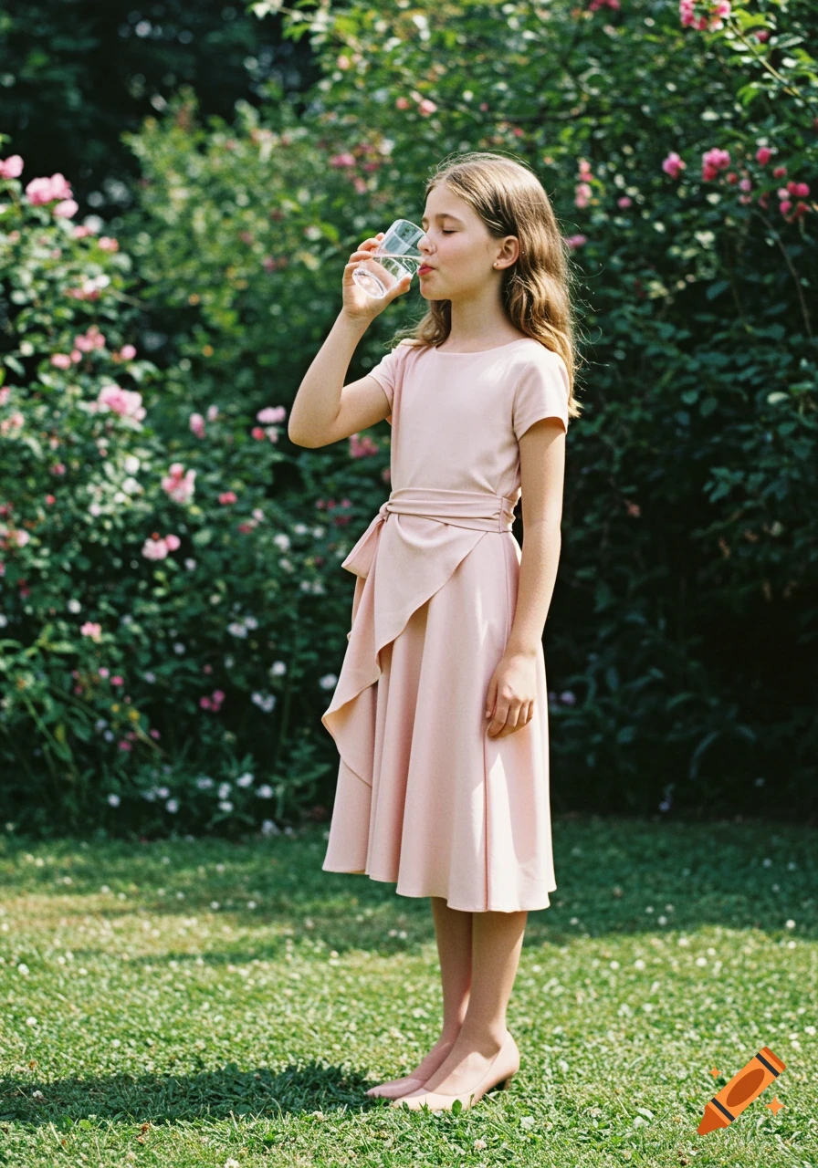 Young girl in a pink dress drinking water from a glass in a lush garden with pink flowers.