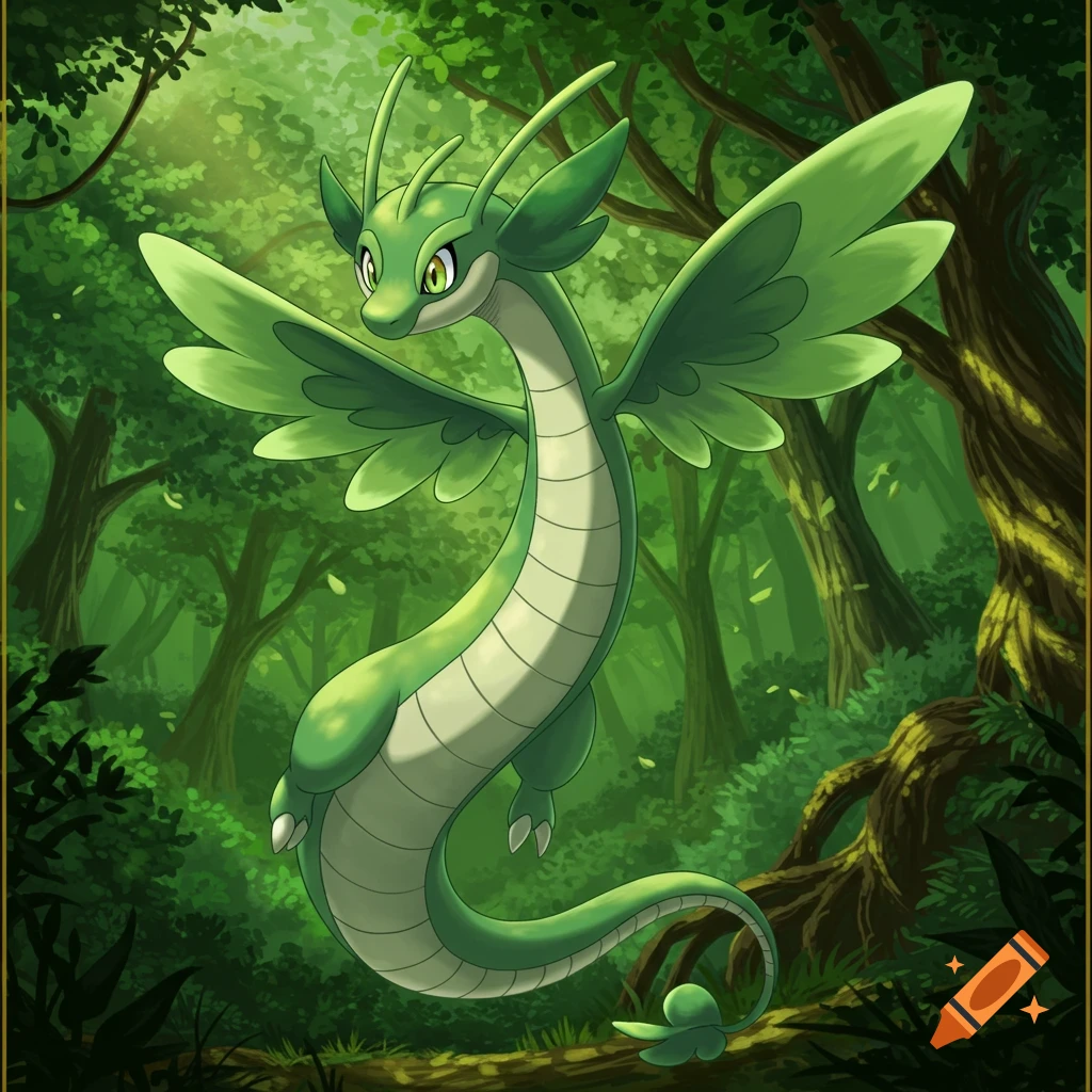 A vibrant green dragon resembling a Pok 00e9mon, with large wings and yellow eyes, floats in a lush, sun-dappled forest.