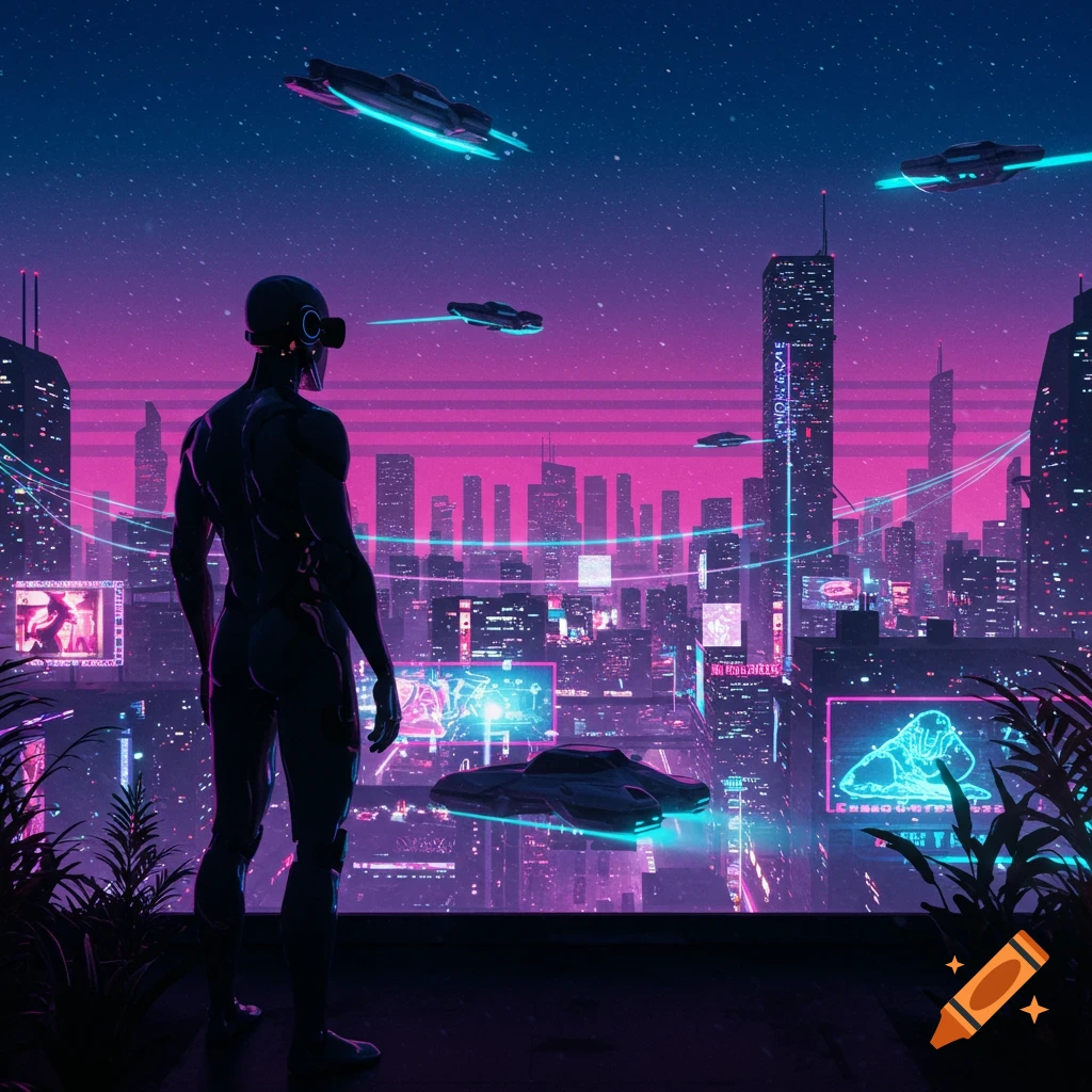 Silhouetted figure overlooks a vibrant, neon-lit cyberpunk city at night with flying vehicles in the sky.