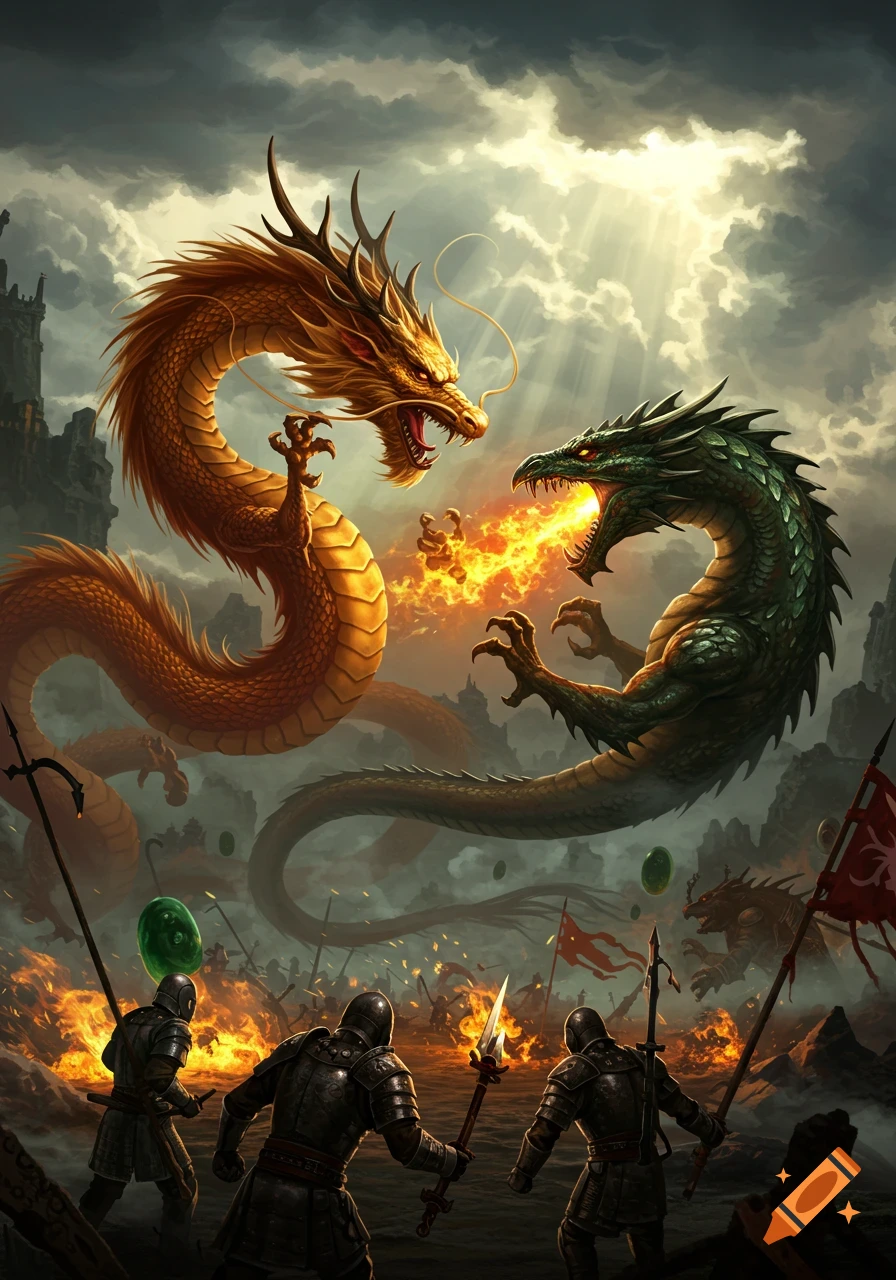 Epic fantasy illustration of a golden Chinese dragon battling a green European dragon over a fiery battlefield with knights.