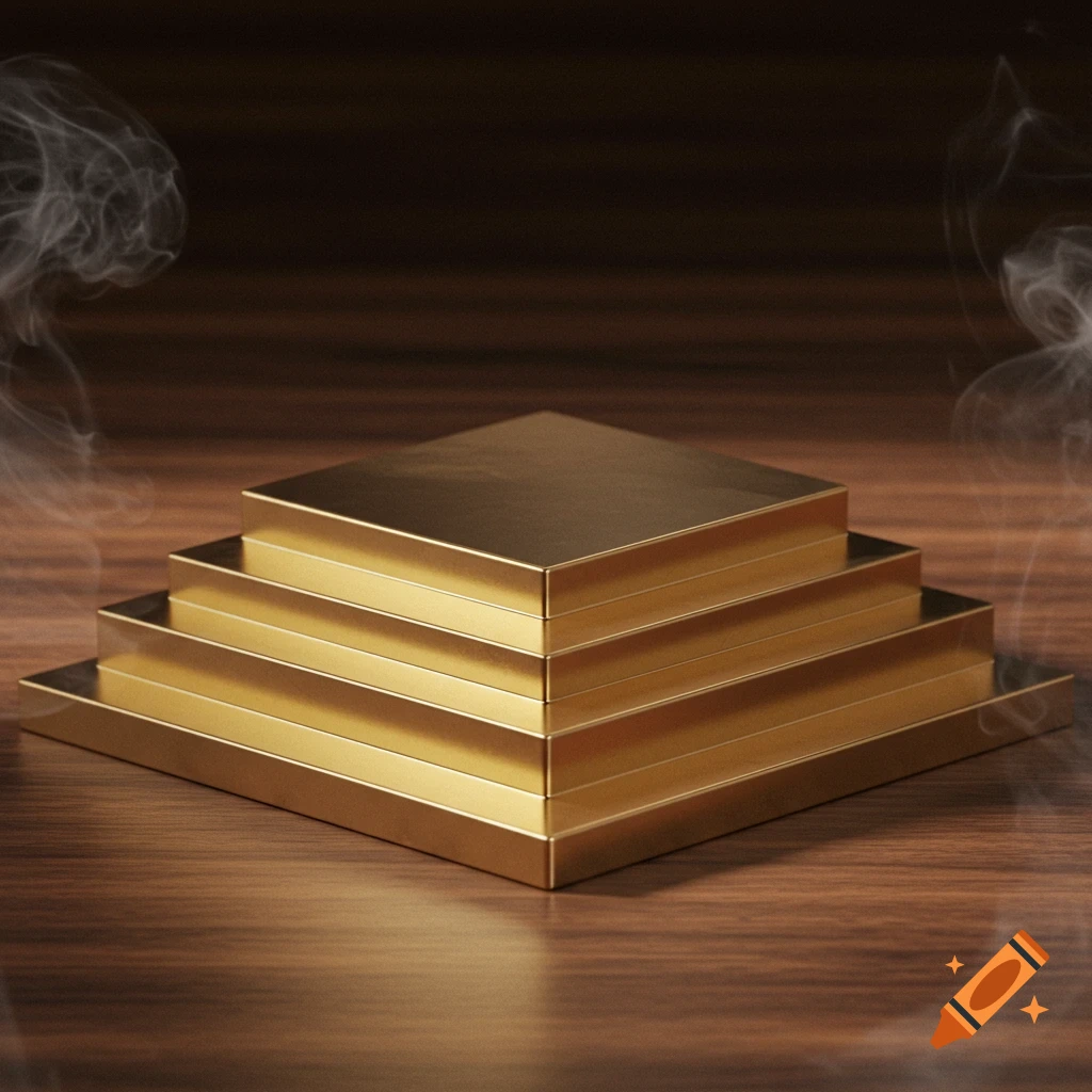 A three-tiered rectangular golden metallic base sits on a dark wooden surface, with wisps of smoke around it.