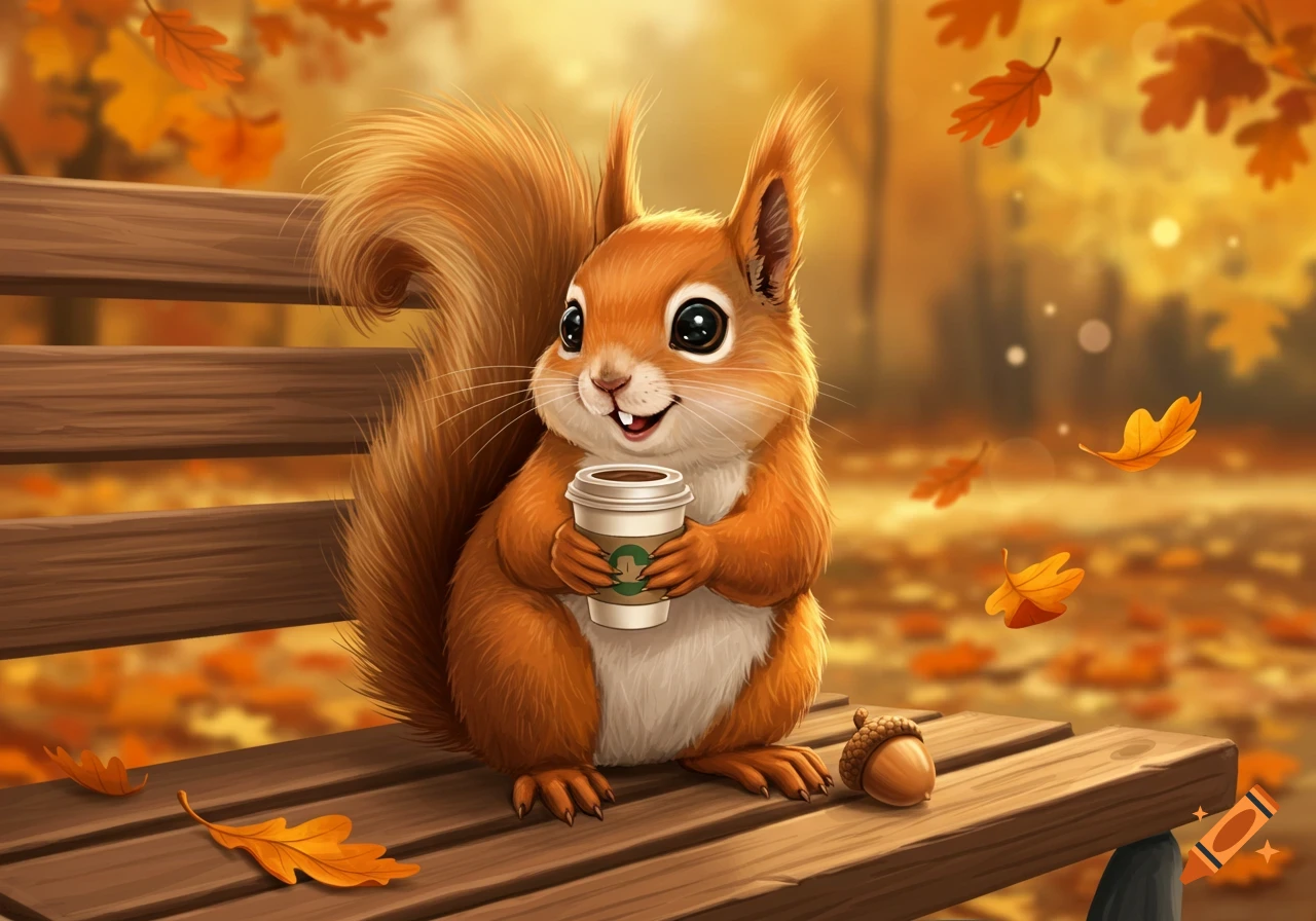 A cute, fluffy squirrel sits on a wooden bench, holding a coffee cup in an autumn park with falling leaves and an acorn.