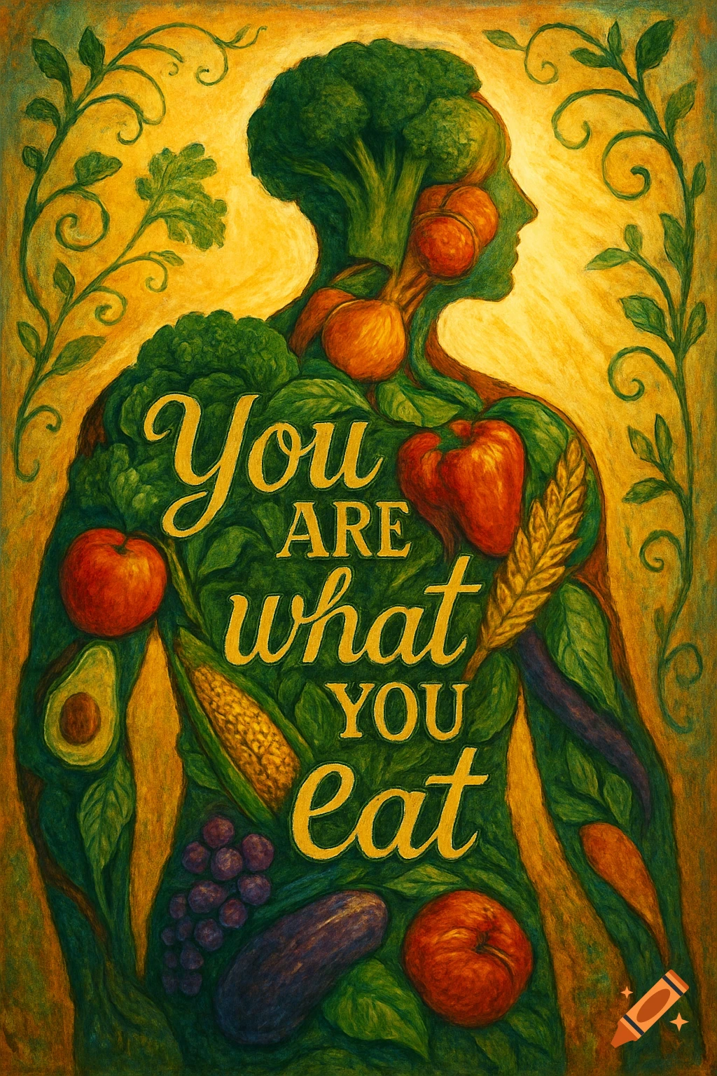 A textured illustration of a human silhouette filled with fruits, vegetables, and grains, featuring the quote 'You ARE what YOU eat'.