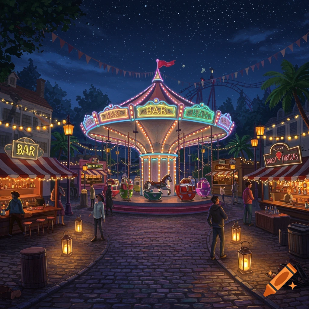 An illuminated amusement park at night, featuring a brightly lit carousel, several bar stalls, and people milling about under a starry sky.